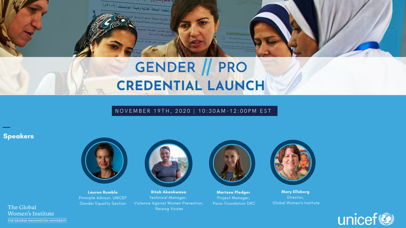 GenderPro webinar flyer with the GenderPro logo in blue, speaker headshots and a picture of women looking over a document together
